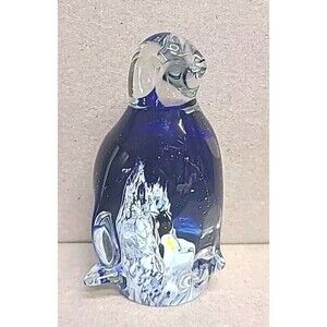 Vintage Penguin w/ Baby Penguins Cobalt Blue to Clear Paperweight MCM Retro